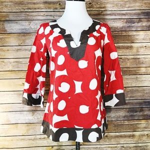 Boden Coral Red & Brown Painted Hoops Tunic Blouse